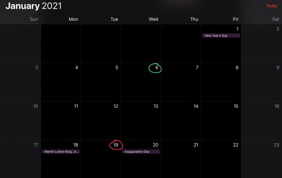In this edited screen shot of an Apple calendar, the green circled day is when we’ll come back to online learning and back from break as a whole. The red circled date is when students will be returning to hybrid. 
