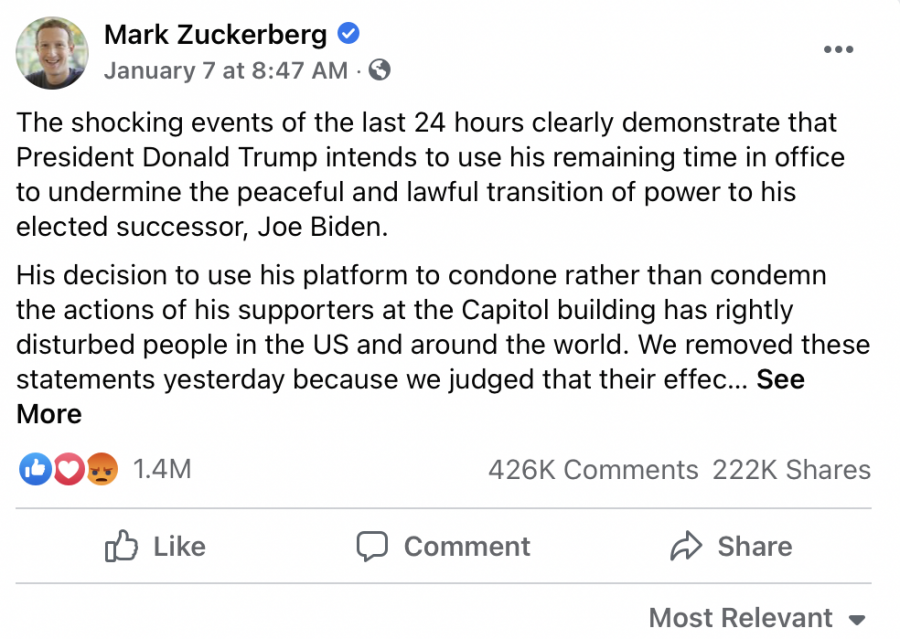 Mark Zuckerbergs post about the banning of Donald Trump. 