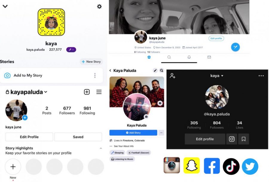 In this picture is collage of Kaya Paluda’s social media profiles. Including, Snapchat, Instagram, 
Facebook, Tik Tok, and Twitter. Having a social media platform comes with many responsibilities to keep yourself safe and happy.