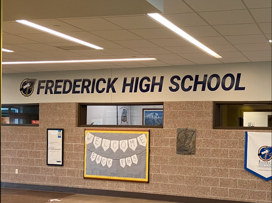 The Frederick High School sign on the wall in the entryway of the building. This sign is one of many things in the school that will be rebranded once the mascot changes at the end of the 2021-2022 school year.