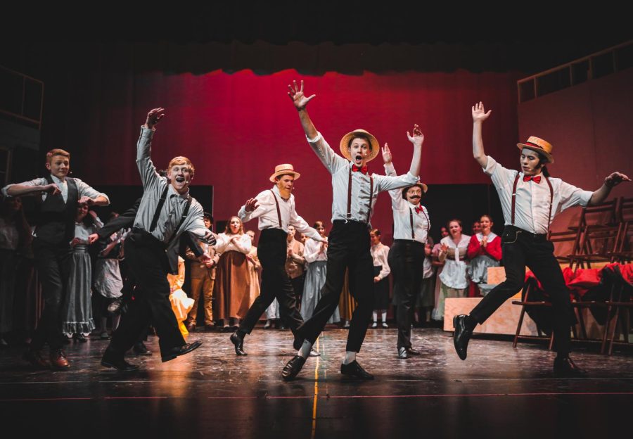 Zach Bailey, Nick Aasmundastad, Ethan Noyes, Justin Valois, Alex Smith, and Tyler Spotts take center stage during the production of The Music Man