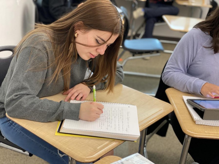 Senior Nicole Howieson writes an outline of her upcoming article as a student journalist. Its her first year in journalism and shes been published multiple times within the school paper. 