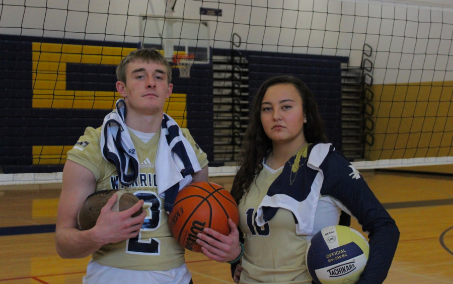Seniors Jake Green and Lelani Purcell posed with their frequently worn jerseys on the court of the Warriors. The two play multiple sports so they decided to show off and hold the equipment they’ve used in their games for years. The two are posed serious to give off the impression that they are serious athletes, even though the two are known to be kind-hearted and ‘jokesters.’ “We are both very dedicated to what we do, and I think that’s why we won.” Lelani commented. 