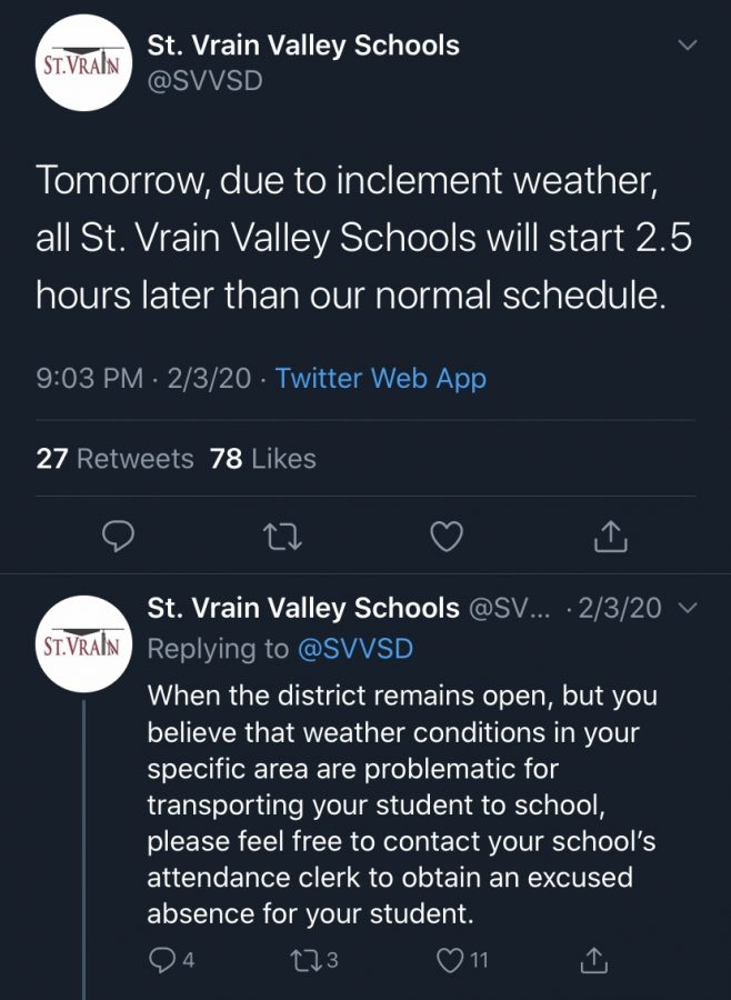St.+Vrain+Valley+School+Districts+officials+announcements+about+snow+days+on+twitter+cause+argument+and+debate+on+whether+late+starts+help+or+impede+the+students.