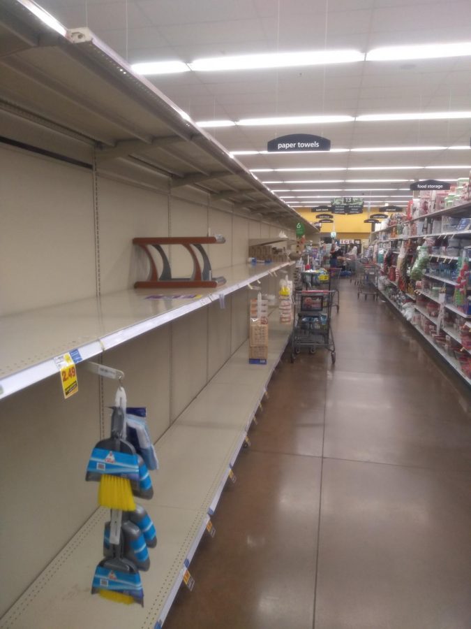The toilet paper aisle of the Firestone King Soopers on March 13. In the wake of the COVID-19 outbreak, several local businesses are limiting their hours or temporarily closing their doors to help protect the community.