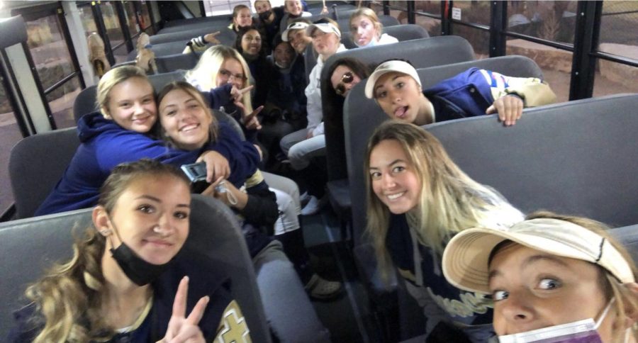 The Lady Warriors in the bus on the early Friday morning, during the send off for state. Despite their valiant efforts, they fell to Ponderosa 12-6.