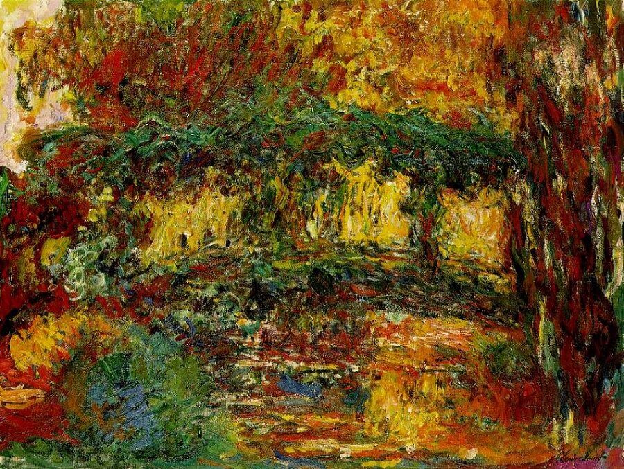 Monet finished his last of the series in 1922 after he developed tritanopia. The blues are almost totally absent, with the greens becoming bright yellow and the color red prominent. His vision problems inspired Monet to say, Color is my day-long obsession, joy and torment. 