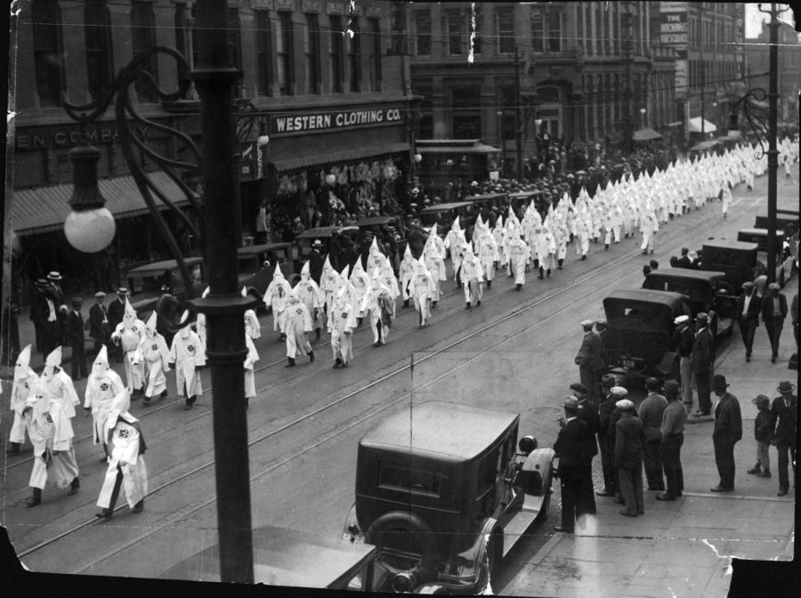 Members of the Ku Klux Klan parade down the streets of Denver in 1924. Membership in the racist terrorist organization blossomed in Colorado in the 1920s, which caused trouble for Colorados Irish immigrants. The Colorado Klaverns broke up once the federal government stepped in, and while these organizations burned most of their records, one surviving membership book from a Denver chapter contained almost 30,000 names.