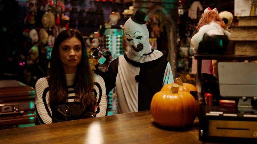 This is a scene in the movie where Sienna is in the Halloween store and has a petrifying encounter with Art the clown.