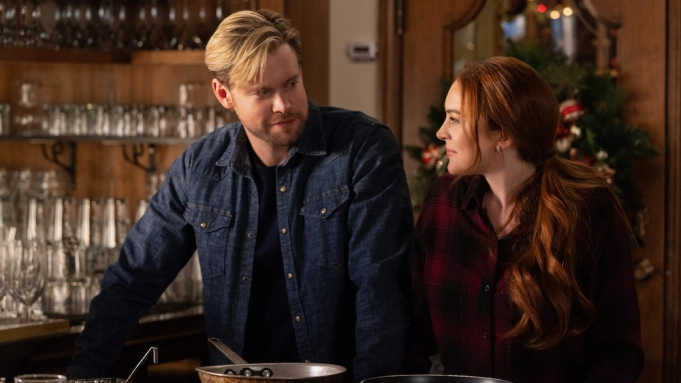 Sierra/Sarah (Lindsay Lohan) and Jake (Chord Overstreet) looking at one another the morning after Sierra’s fall. Since the release “Falling for Christmas” the film has received mixed reviews, most audience written reviews are positive and the film is still in top 10 on Netflix. 