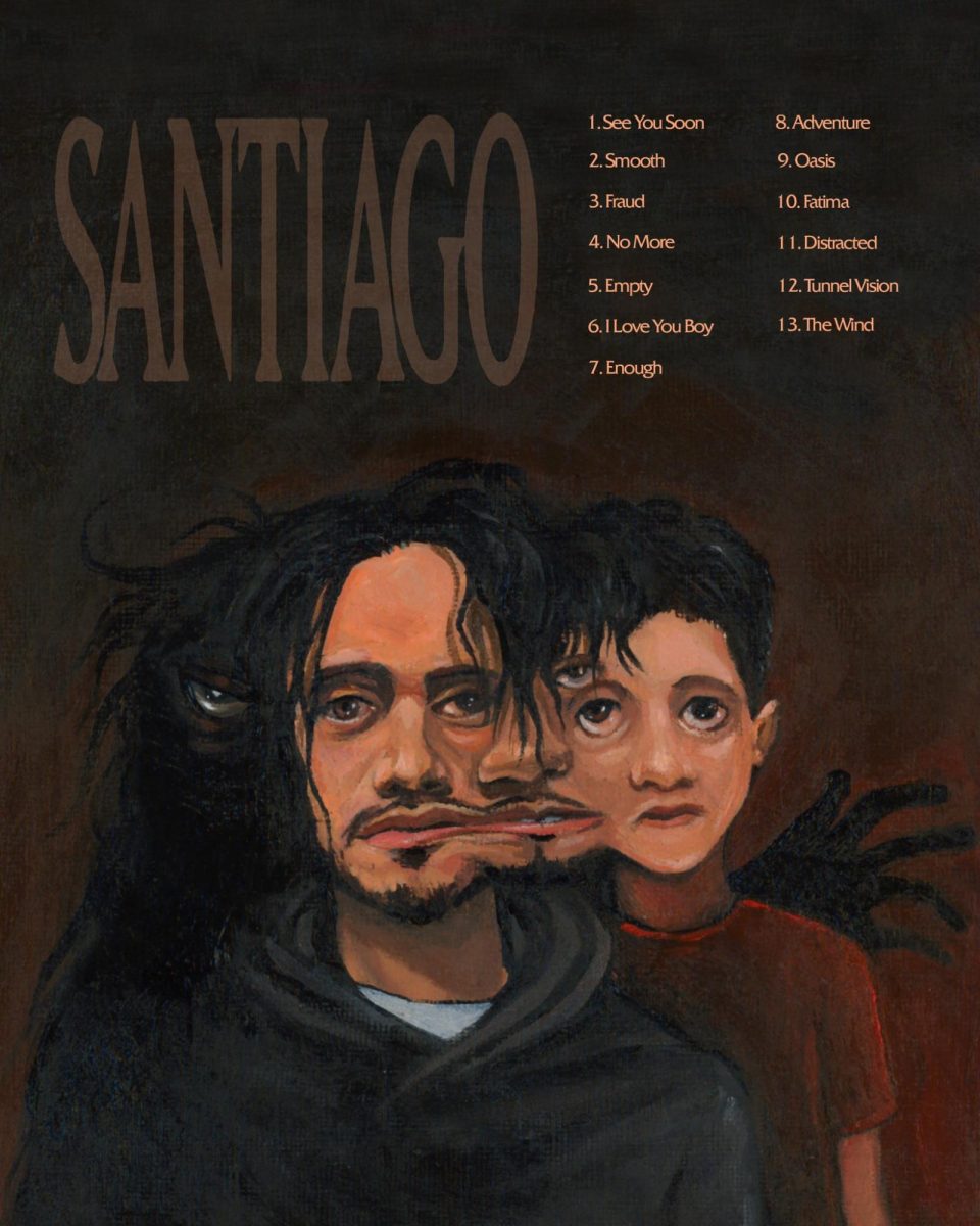 The back of the album cover “SANTIAGO” images the art of Russ’ adulthood within his younger self and shadow. The heartfelt album and cover is a big step in Russ’ journey through life as he expresses a deeper understanding of his trauma and healing process.