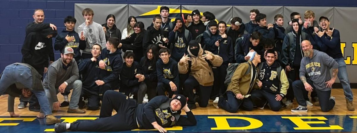 Frederick High School Wrestling team placed 2nd overall and had multiple athletes place in their weight class at the Golden Eagle Invitational hosted by Frederick, and to celebrate they took a fun photo together after the long hard-working day as a team. 