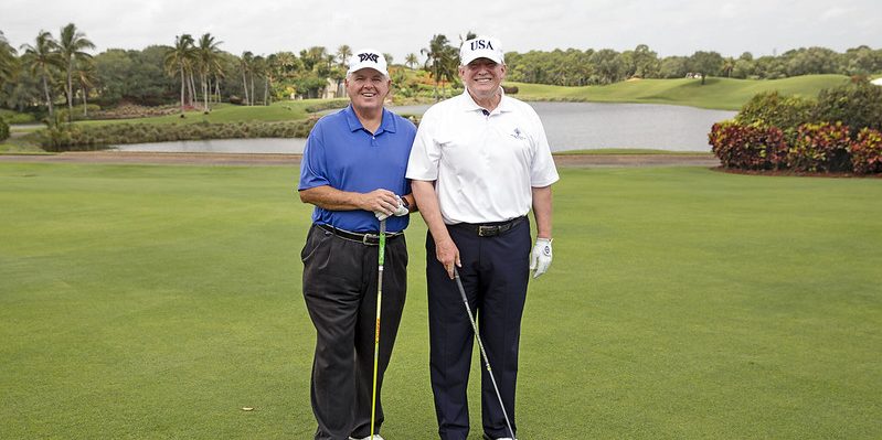 Former President Donald Trump [right] poses with radio host Rush Limbaugh at the Trump International Golf Club of West Palm Beach in 2019. On Sunday, the Secret Service stopped an assassin from attacking former president Donald Trump on this same golf course. This marks the second attempt on Trump's life in the past year.