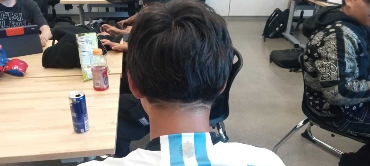 Sophomore Brian Garcia sits in Mrs. Upton's class and works on his assignments. Brian is one of many students with an Edgar, a bowl-cut hairstyle with intricate shaved designs on the back of the head. While this haircut has become a craze in the Latino community, it needs to go.