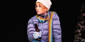 Seventeen-year-old former Lantern reporter Sierra Sanchez holds a fake bottle of beer during Frederick Theatre's 2022 performance of Almost, Maine. You didn't think we would include a photo of a teenager actually drinking, did you? That would just be irresponsible.