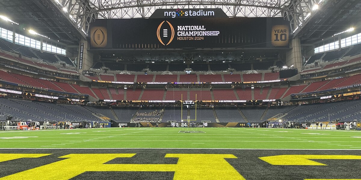 Houston's NRG Stadium, home of the Houston Texans, as viewed from the south end zone during 2024's College Football Playoff National Championship. This year's championship game will be at Mercedes-Benz Stadium in Atlanta, Georgia (Bobak Ha'Eri/Wikimedia)