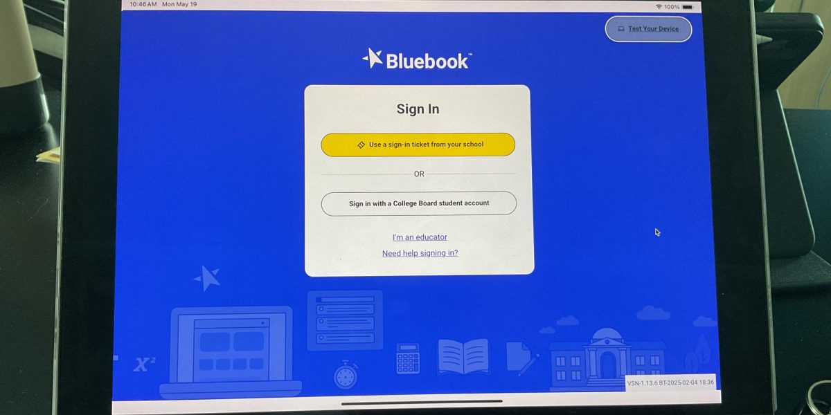 The sign on page for the Bluebook application, which is the app that students now must go through to take all online standardized tests. This includes the PSAT, the SAT, CMAS, as well as many College Board AP tests which are moving towards digital testing. 