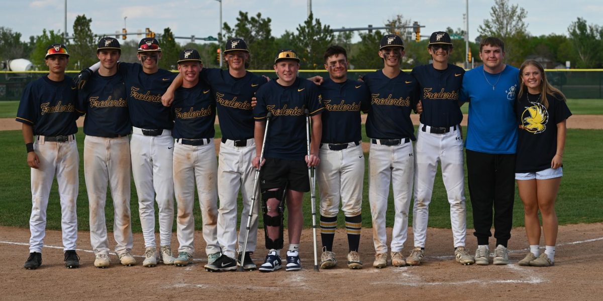 The 2025 seniors, who make up a majority of the Frederick varsity baseball team pose for a photo after their senior night celebrations. This year, the team had eleven seniors, three of whom are committed to play baseball after high school.