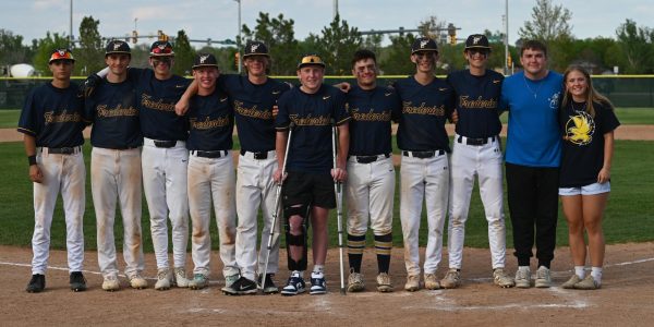 The 2025 seniors, who make up a majority of the Frederick varsity baseball team pose for a photo after their senior night celebrations. This year, the team had eleven seniors, three of whom are committed to play baseball after high school. 