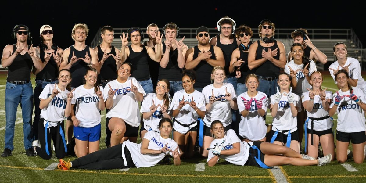 The senior Powder Puff team poses for a photo after their massive victory over the juniors. (Back to Front; Left to Right) Tavan Haggerty, Brayden Stark, Wesley Walker, Rylan Zadel, Caleb Zink, Austin Shaefer, Bryson Monroy, Josiah Martinez, Burke Eisman, Seamus Bamrick, Gavin Ishmael, Kade Furrow, Payton Torres, Sophia Dauzat, Brinley Weingardt, Zoe Wittler, Ally Rosati, Ava Berrend, Kaya Fountain, Evie Mayfield, Ava Jorgensen, Emma Prestwitch, Aubrey Storm, Kaliya Vanrosendale, Rylee Gallegos, Aloysia Vanrosendale