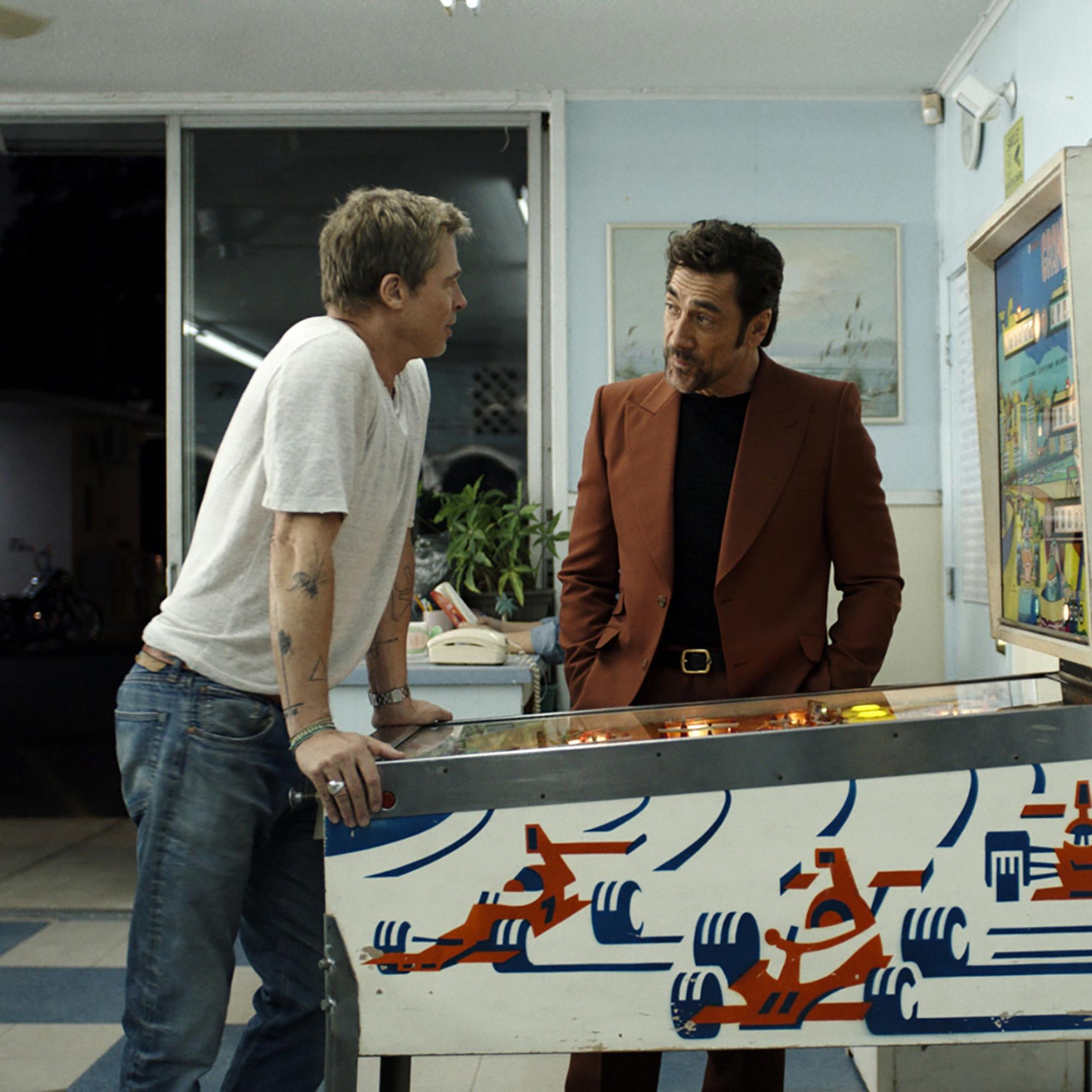 Ruben (Javier Bardem) tries to convince his old racing partner Sonny (Brad Pitt) to join his fledgling Formula 1 team. (Warner Bros/Apple Original Films)