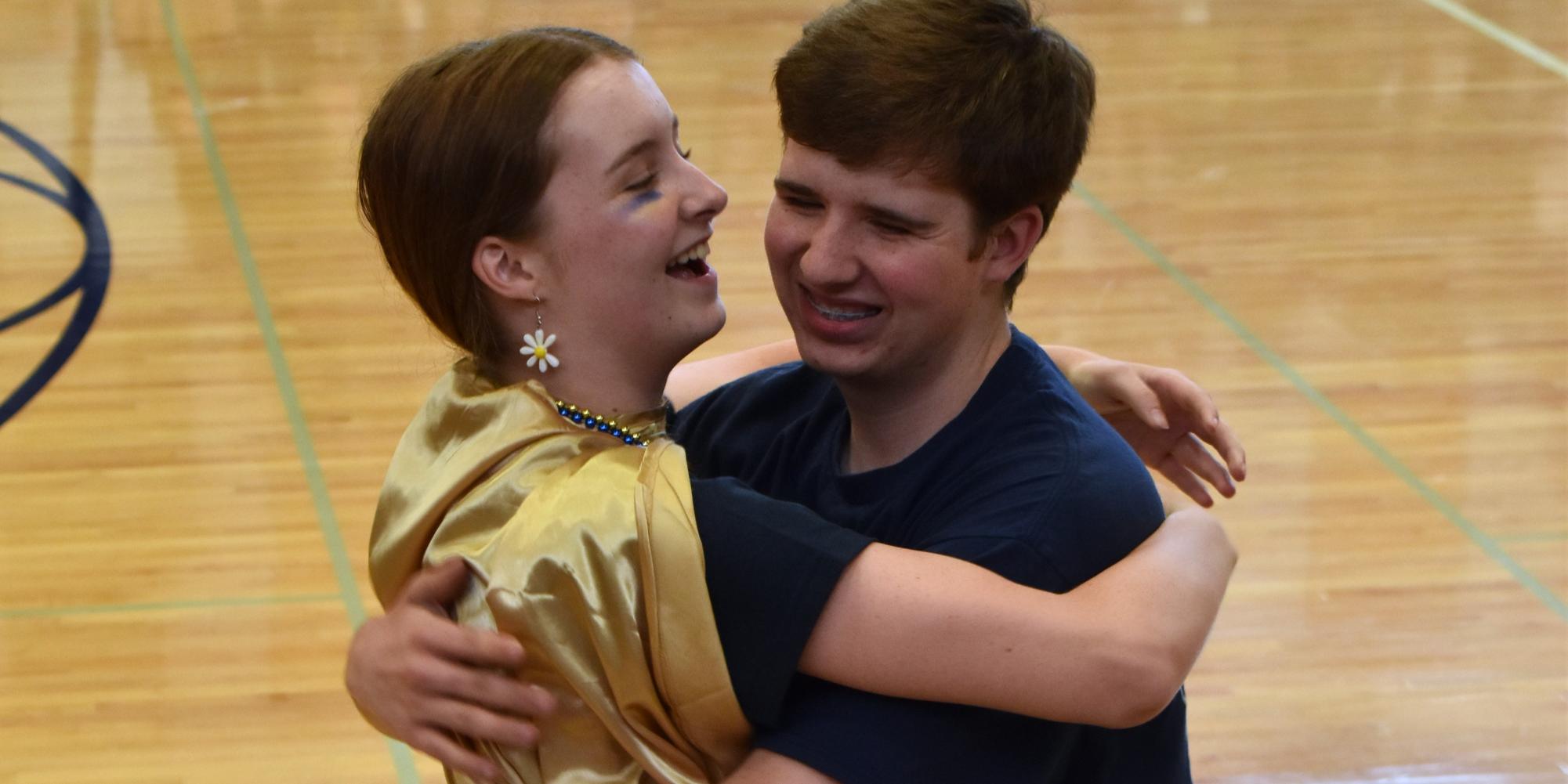 During the Homecoming assembly, freshman Jayli Fifeld participated in a game of musical chairs dressed head to toe in Blue and Gold spirit wear. After her loss, her senior big brother Axton came down from the bleachers to give Jayli a big hug. These two prove that spirit week is about more than just winning—it's about uniting as a community.