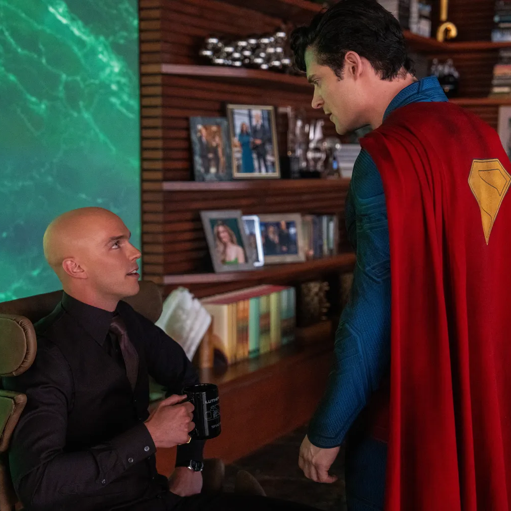Billionaire scientist Lex Luthor (Nicolas Hoult) denies that he stole Krypto the Superdog from the Fortress of Solitude when confronted by Superman (David Corenswet). (Warner Bros./DC Studios)