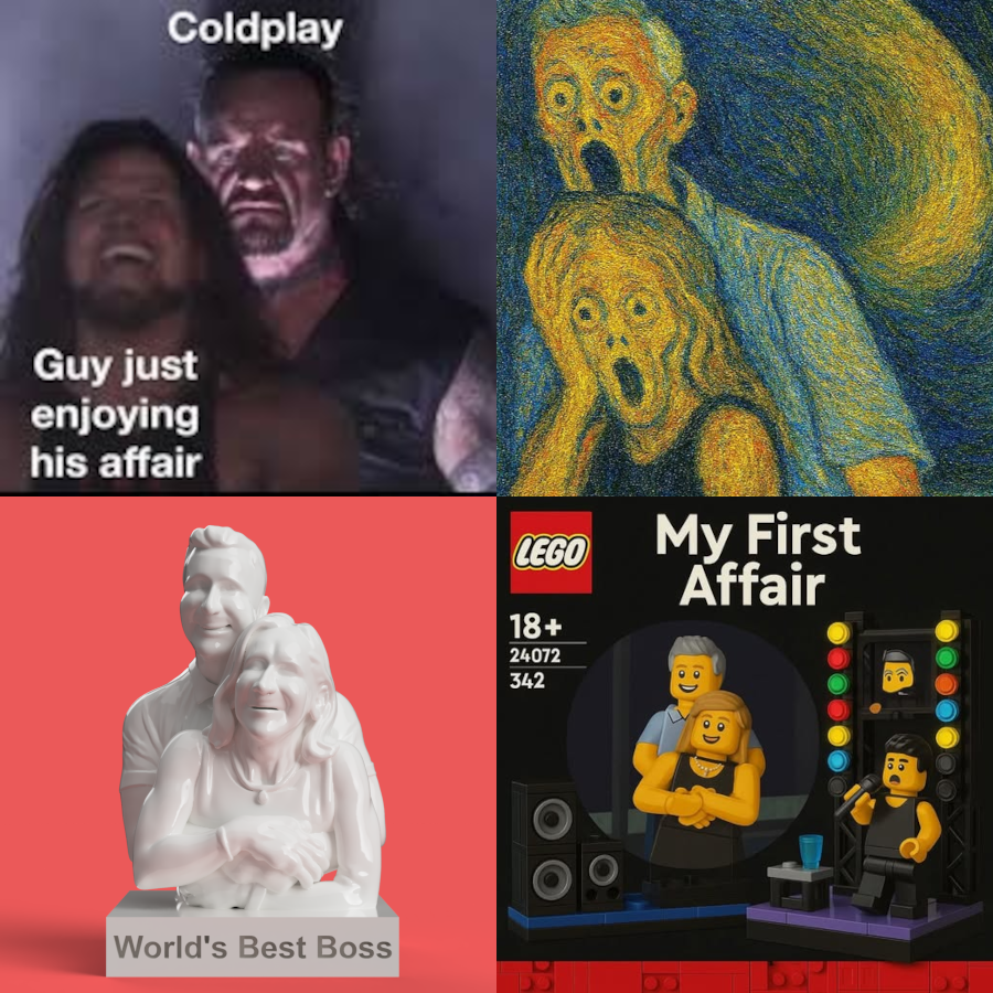 Four memes parodying the moment Astronomer CEO Andy Byron's was caught with his employee Kristin Cabot at a Coldplay concert. (Know Your Meme)