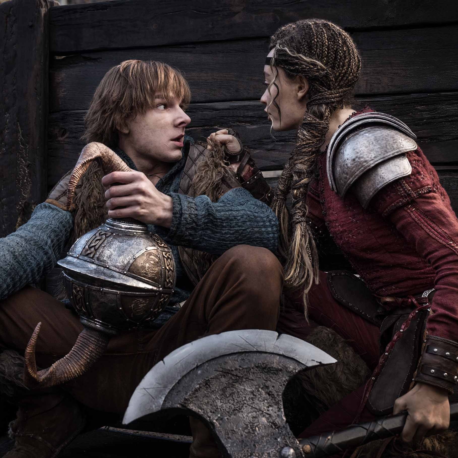 Astrid (Nico Parker) upbraids the chief's son Hiccup (Mason Thames) for his incompetence during dragon training. (Dreamworks/Universal)