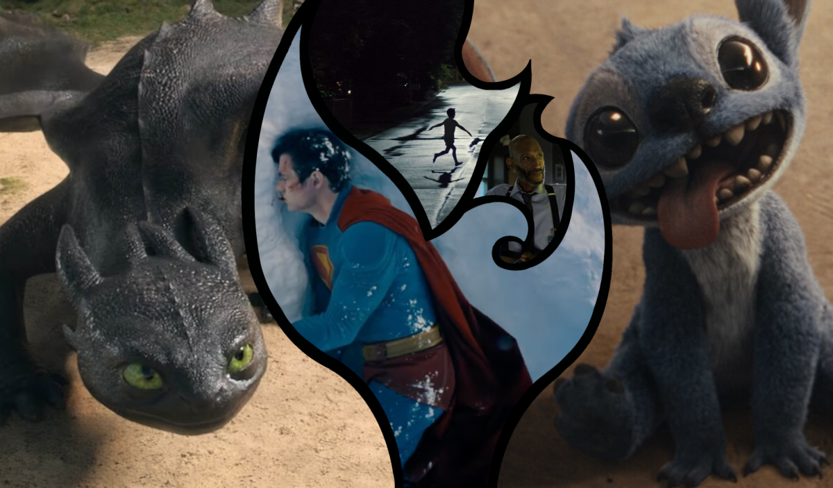 From left to right: Toothless circles Hiccup, ready to attack, in the live-action remake of How to Train Your Dragon (Universal/Dreamworks); Superman (David Cornswet) lies defeated in the Antarctic snow at the start of James Gunn's Superman (Warner Bros./DC Studios); a child runs down the street of Maybrook, PA, in the surprise summer horror hit Weapons (Warner Bros./New Line Cinema); Tony Todd performs in his final role as William J. Bloodworth in Final Destination: Bloodlines (Warner Bros./New Line Cinema); extraterrestrial Experiment 626 acts like a dog to get adopted in Disney's live-action remake of Lilo and Stitch (Disney).