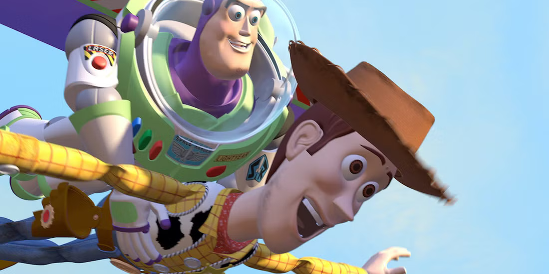 Buzz (voiced by Tim Allen) and Woody (Tom Hanks) glide through the air while "falling with style" in the climactic scene of the original Toy Story. The film is getting a theatrical re-release for its thirtieth anniversary, and while not all the graphics have aged well, the story and spectacle of this masterpiece still hold up. (Disney/Pixar)