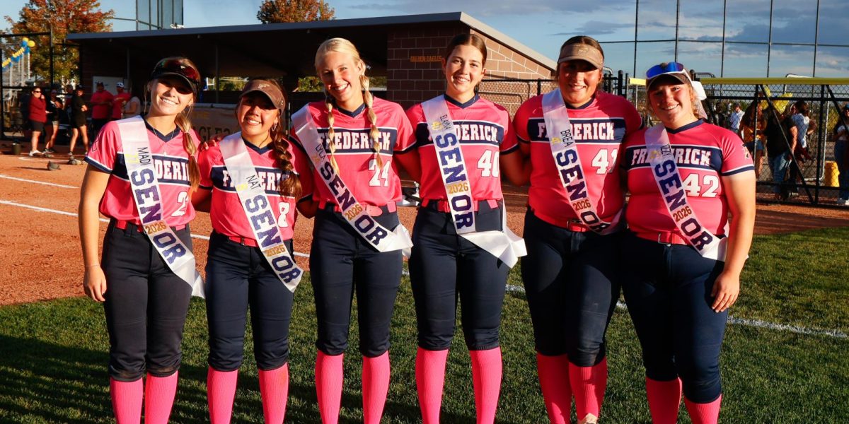 Left to Right: Madi Schanz, Natalie Sias, Lyla Kuhn, Elayna Fisher, Brealea Stendel, Izzy Horne. Celebrating their six seniors, Frederick softball had a dominating game over Silver Creek. With eight runs and a joy filled senior celebration, it’s a game the team will never forget. (Christopher Tone)