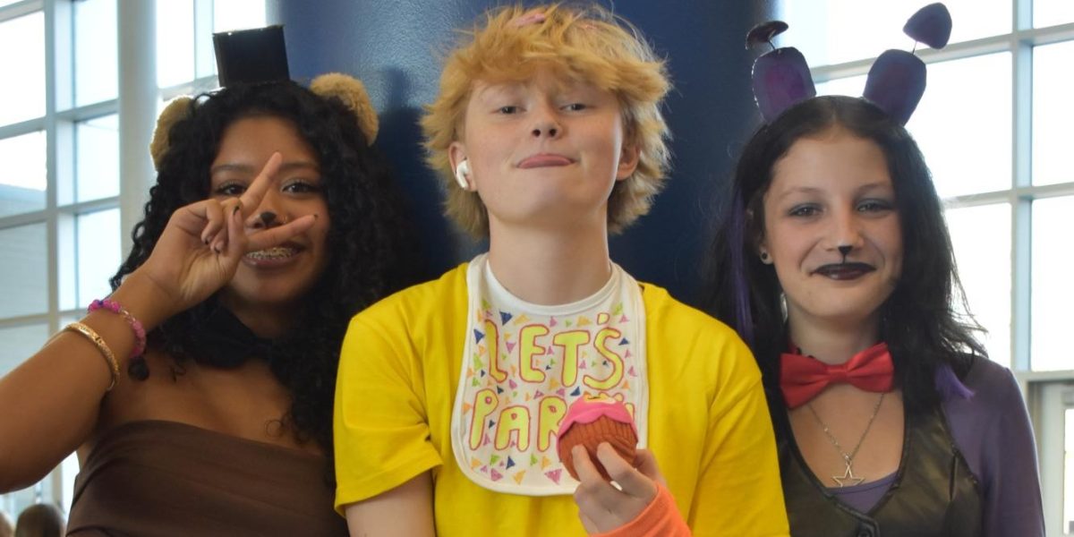 Freshmen Aria Deluhery, Alex Carrigan, and Anyssa Carter brought the animatronic gang from Five Nights at Freddy’s to life with their versions of Freddy, Chica, and Bonnie. The group chose this trio because “we all played this game before, and they have awesome costumes.”