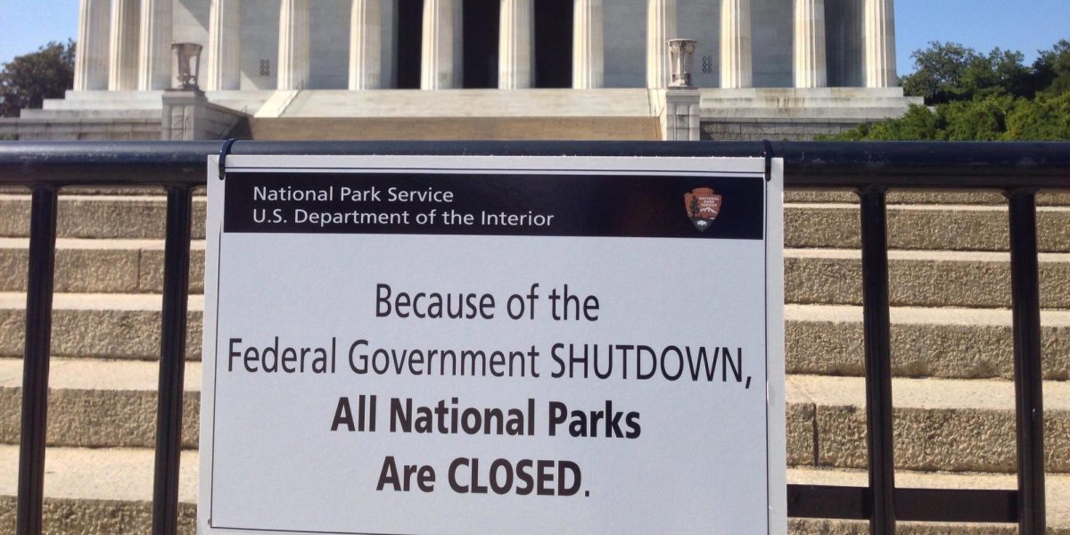 A sign explaining the government shutdown hangs outside a closed Lincoln Memorial in Washington, D.C. On Wednesday night, the longest shutdown in government history ended after 42 days with President Trump approving a continuing resolution. Trump also oversaw the second-longest government shutdown during his first term in 2018. (John Sonderman/Flickr)