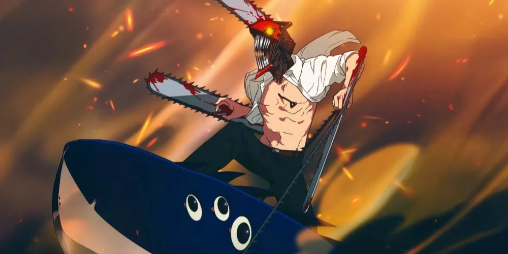 Denji—the titular Chainsaw Man who is fused with the Chainsaw Devil Pochita—rides on the back of the shark-like Beam, his devil-hunting partner at the Public Safety division in Chainsaw Man: Reze Arc. The film won the #1 spot at the box office its opening weekend, which has made it the sixth-largest US opening for an anime movie of all time. (Sony Pictures/MAPPA)