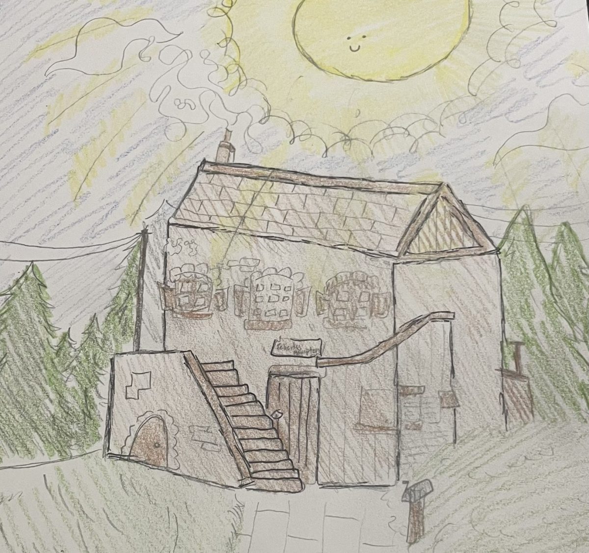 A drawing created by sophomore Felicity Hampton. The drawing shows it being night time and the sun randomly beaming out of the sky shining onto the home in the drawing.