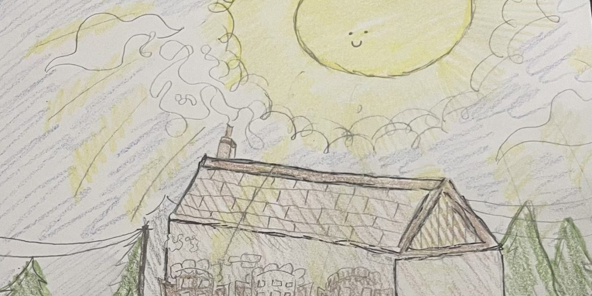 A drawing created by sophomore Felicity Hampton. The drawing shows it being night time and the sun randomly beaming out of the sky shining onto the home in the drawing.