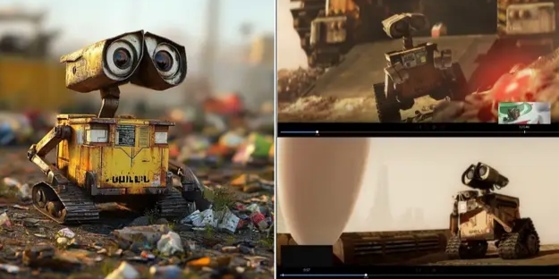 Three images of WALL-E, a Pixar character owned by Walt Disney Studios The large image on the left was generated by AI service Midjourney, and the two images on the right are stills from the 2008 film. This image, as well as dozens of others, was introduced as evidence in Disney's lawsuit against Midjourney, which is one of two moves the company is making that could revolutionize the AI industry. (US District Court, Los Angeles Division)