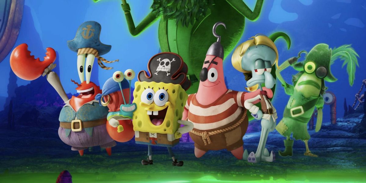 SpongeBob and all his friends, Mr. Krabs, Squidward, Patrick, Gary, and Barb, standing in front of the Flying Dutchman. While kids may still find SpongeBob funny, the plot is strange and the humor falls flat.  (Paramount Pictures)